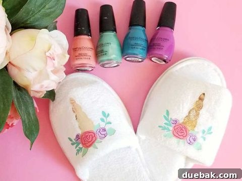 DIY unicorn slippers, decorated with iron-on vinyl, a fun spa night party idea from Crafting in the Rain.