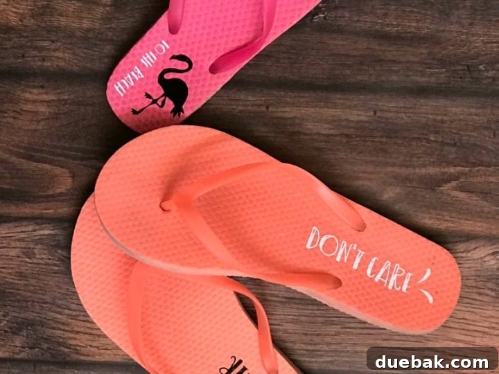 How to apply iron-on vinyl to flip-flops using Fresh Cut SVG Files, a creative idea from The Simply Crafted Life.