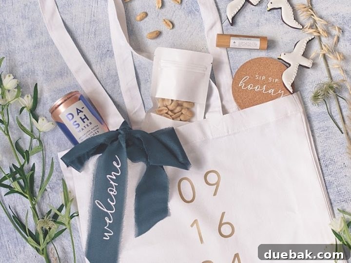 Wedding welcome bags featuring custom silk ribbon created with iron-on vinyl, a beautiful touch by Tidewater and Tulle.