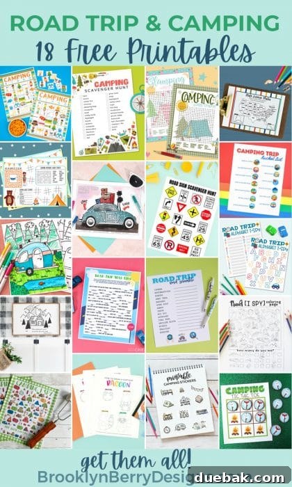 A collage of various printable road trip and camping activities for kids.