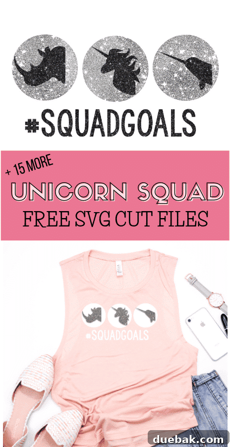 Free Unicorn Squad Goals SVG file display on a pink tank top, showcasing a rhino, unicorn, and narwhal design for crafting.