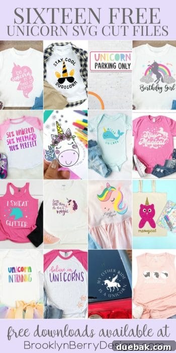 A vibrant collage image showcasing 16 diverse free unicorn SVG cut files for various crafting projects.