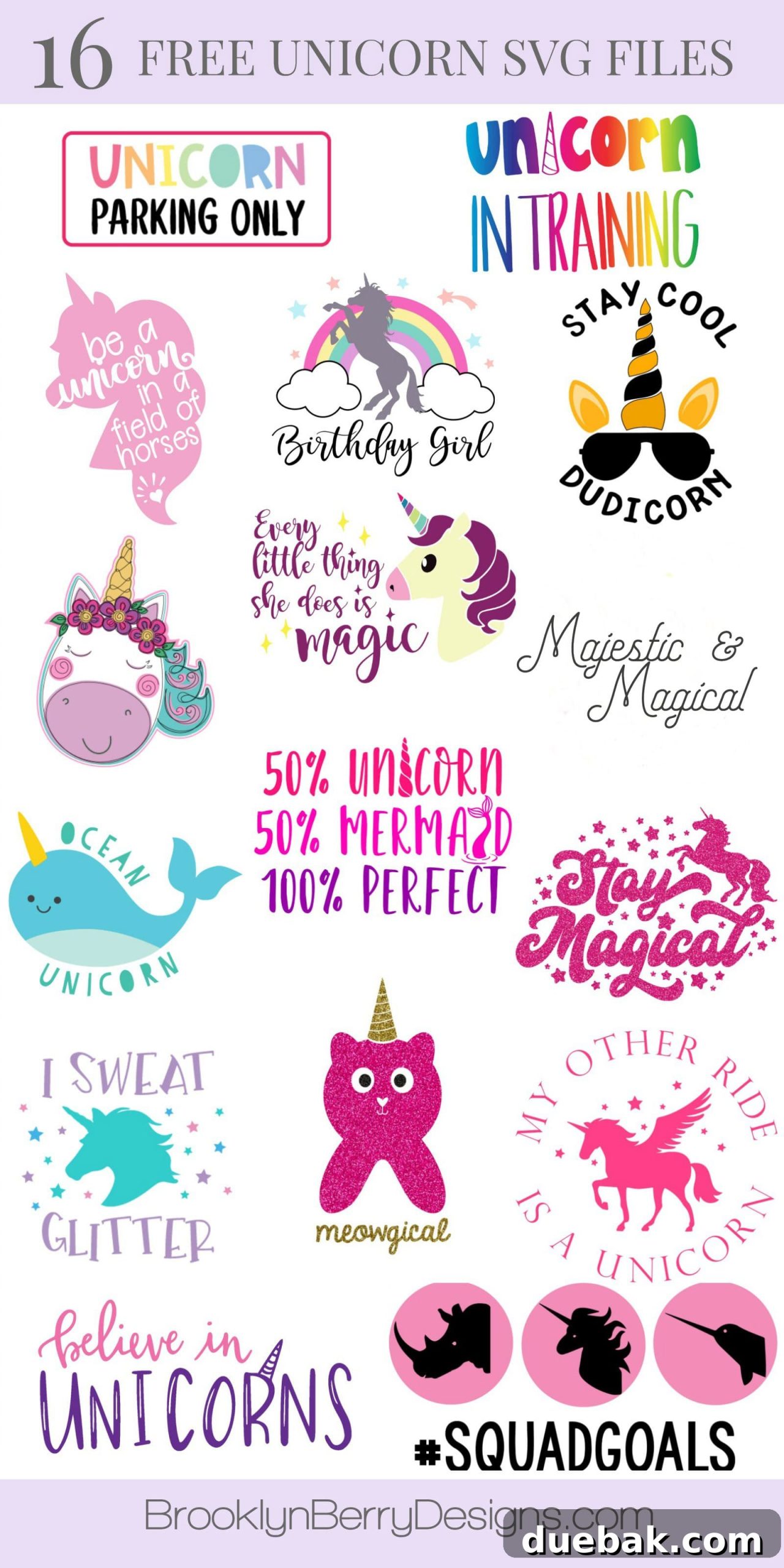 Another collage image showcasing a variety of 16 free unicorn SVG designs suitable for different craft projects.