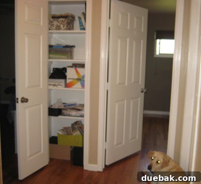 The Clever Closet Workspace 2 Before photo of a cluttered linen closet, showing its original state with various household items