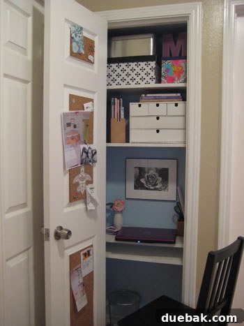 The Clever Closet Workspace 3 After photo of a DIY closet office, showing organized shelves, a laptop, and office supplies