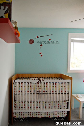 Vibrant Red and Sky Blue Nursery Decor 4 Close-up of the nursery's decorative elements, including a mobile and mural