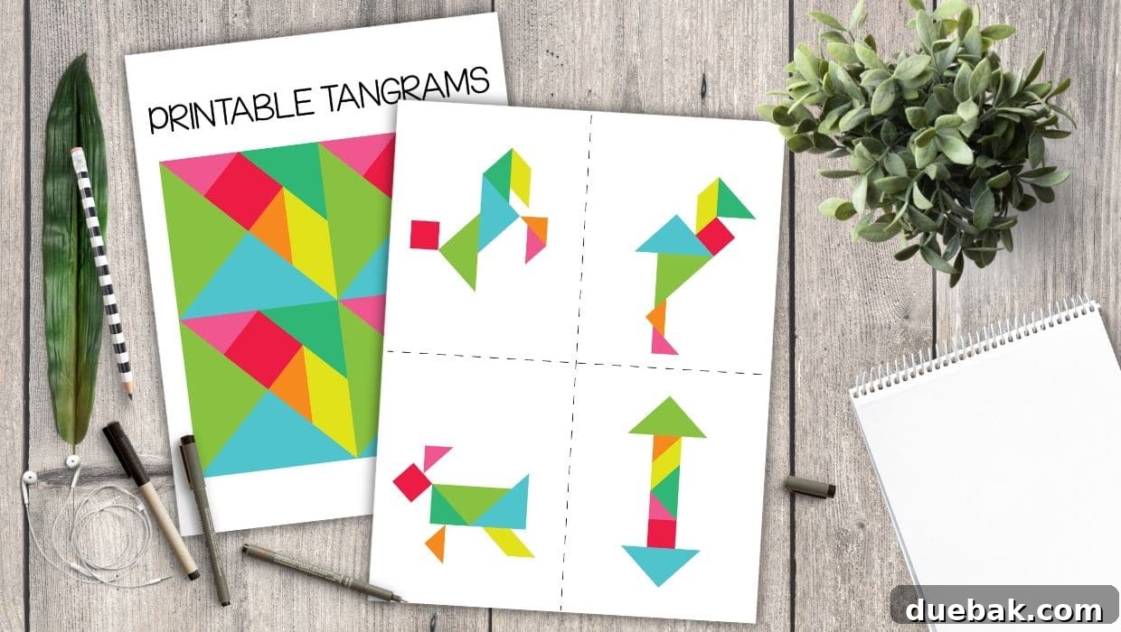 A child's hands assembling a colorful tangram puzzle on a cookie sheet, surrounded by various geometric shapes.