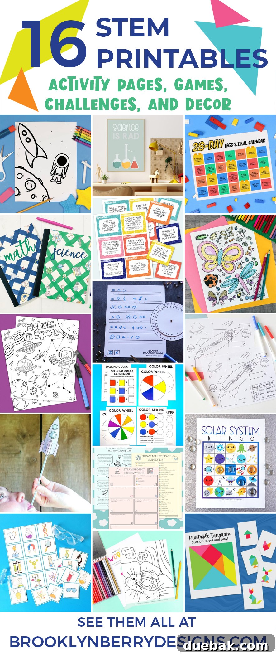 A close-up of colorful tangram pieces arranged as a cat, with more pieces scattered around on a printable mat.
