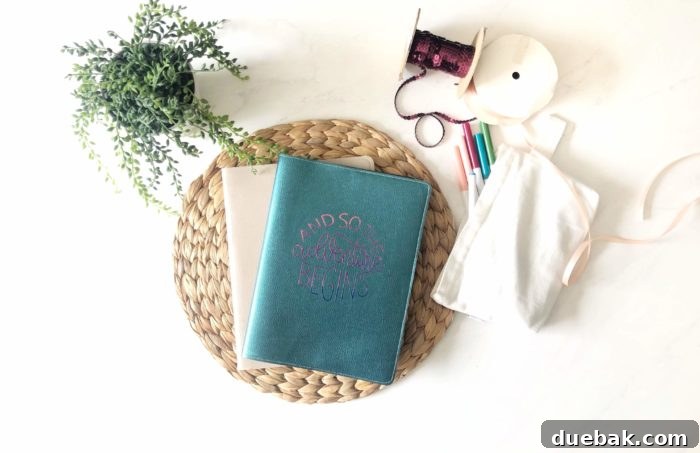 Finished DIY leather journal cover with custom design
