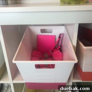 Organized craft supplies, including various ribbons and papers, neatly arranged in color-blocked bins.