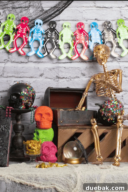 The Spectral Unicorn Soiree 6 Gold skeleton with colorful party decorations, including a rainbow backdrop