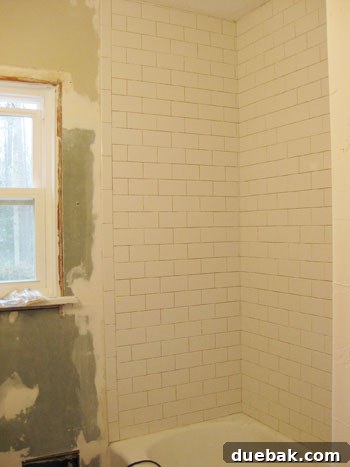 Newly painted bathroom walls with subway tile shower surround