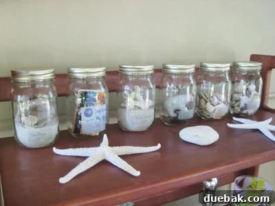A beautifully decorated vacation jar, filled with sand and small tokens, symbolizing cherished travel memories and adventures.