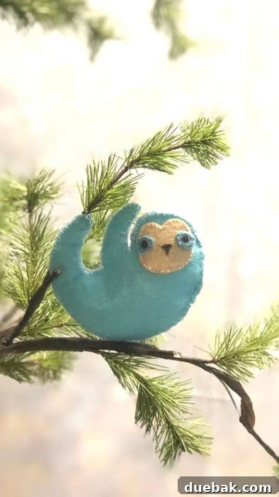 A step-by-step image showing how to assemble the felt sloth ornament.