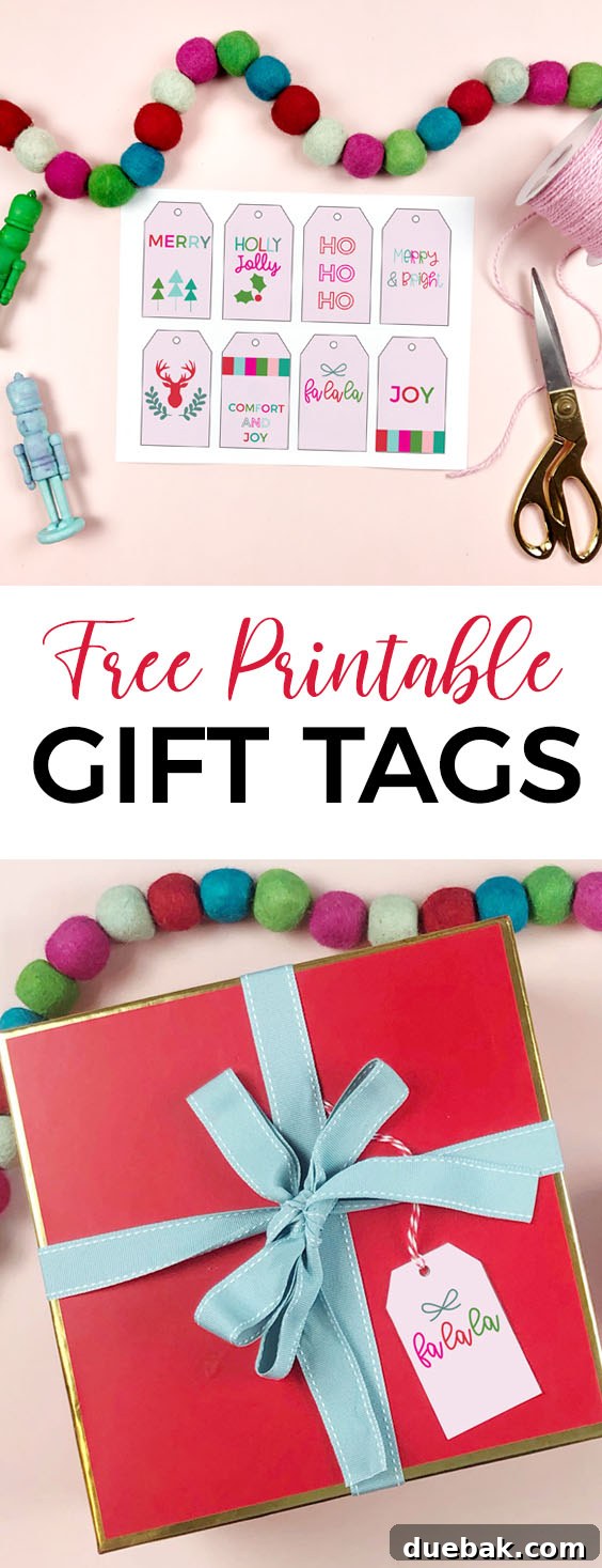 Vibrant DIY Christmas Gift Labels 5 A creative flat lay showing a single colorful printable Christmas gift tag tied with string, surrounded by small holiday decor elements. Perfect for Pinterest.