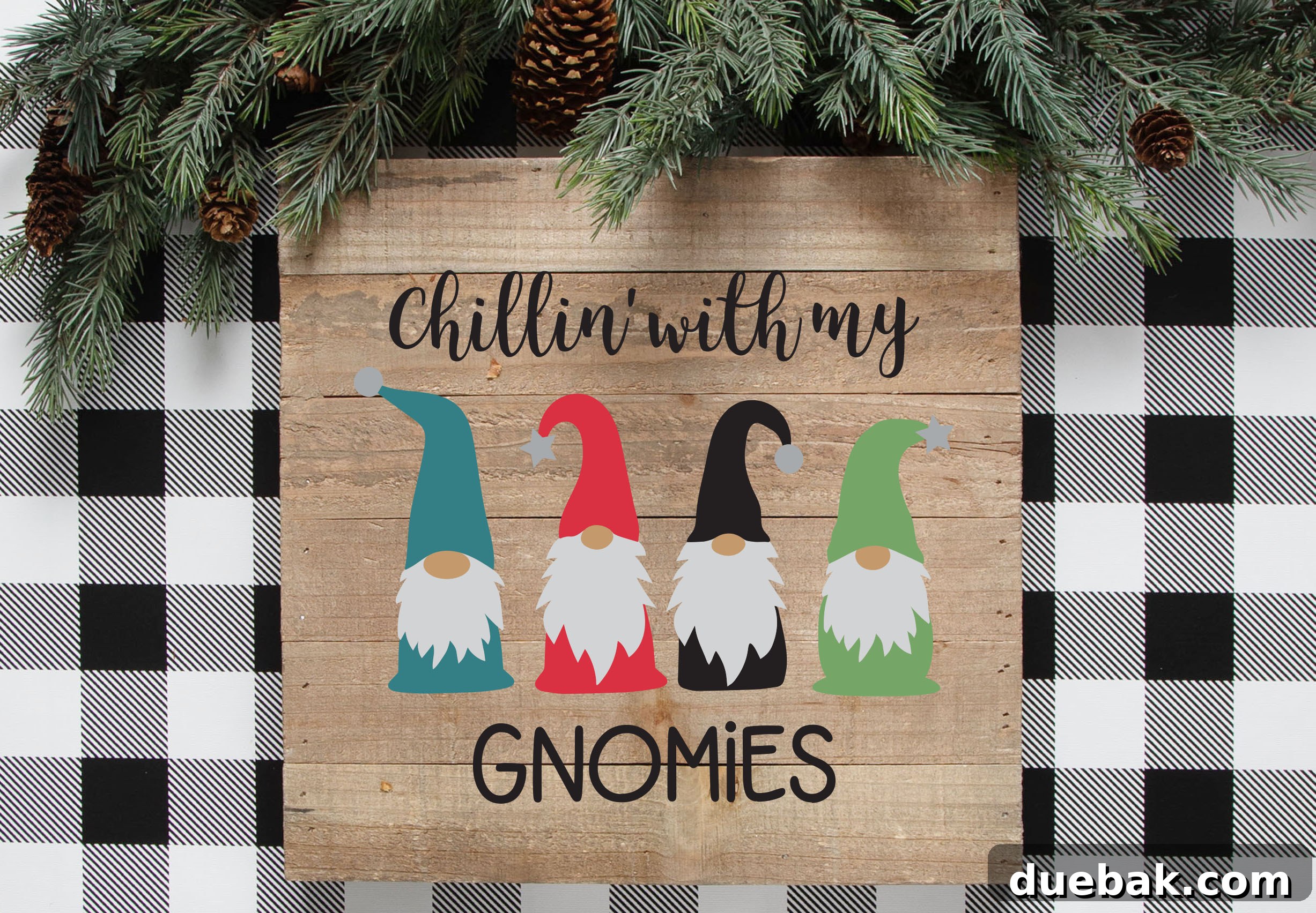 Close-up of a DIY Chillin' with My Gnomies Christmas pillow, highlighting the vibrant gnome design crafted with iron-on vinyl.