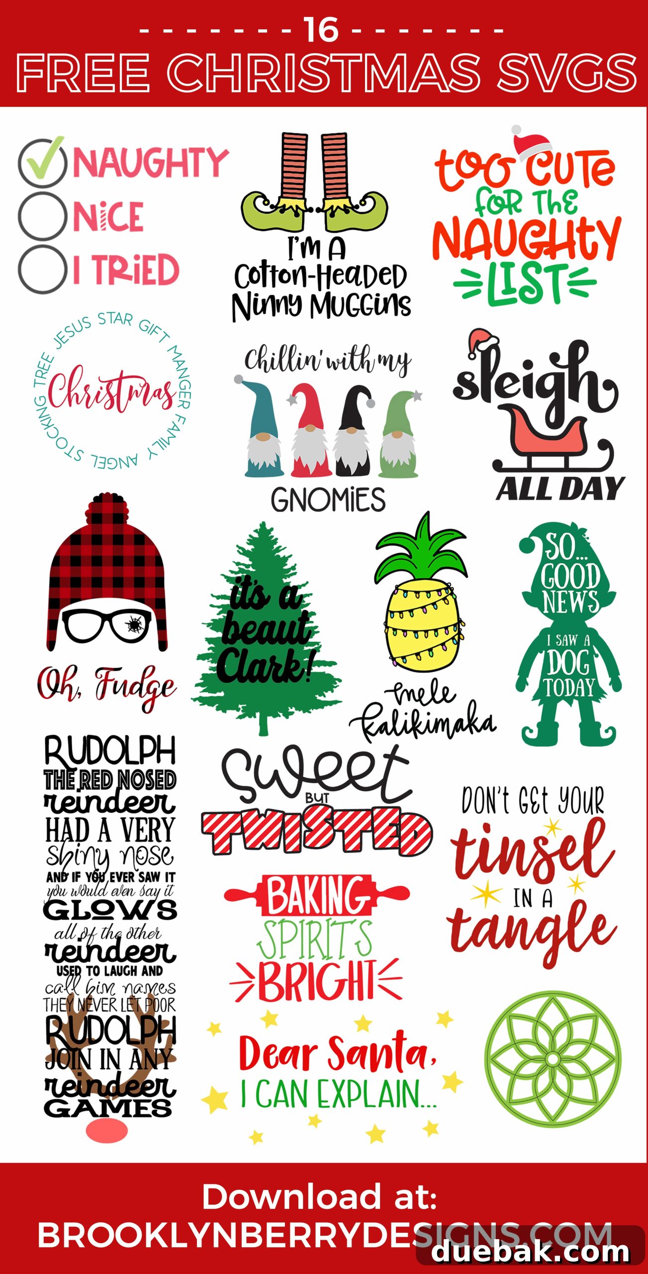 A vibrant collage image featuring various Christmas-themed SVG files, perfect for use with Cricut or Silhouette cutting machines. Designs include holiday sayings, festive characters, and decorative elements like snowflakes and trees.