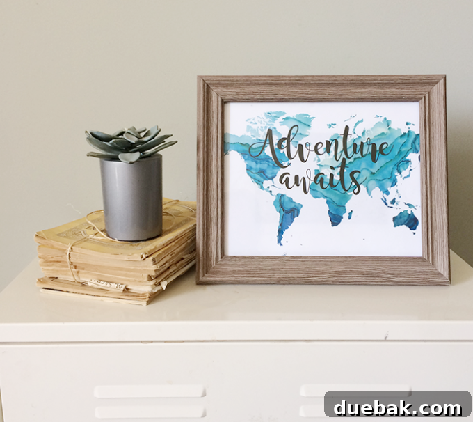 Free printable art featuring the phrase 'Adventure Awaits'