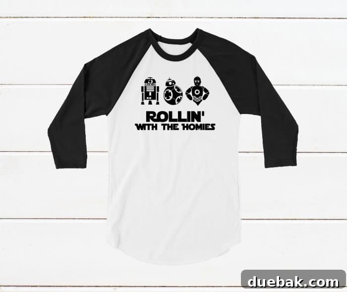 Craft Custom Star Wars Shirts Free SVG 4 Close-up of a DIY Star Wars t-shirt featuring the 'Rollin' With The Homies' design with R2D2, BB8, and C3PO.