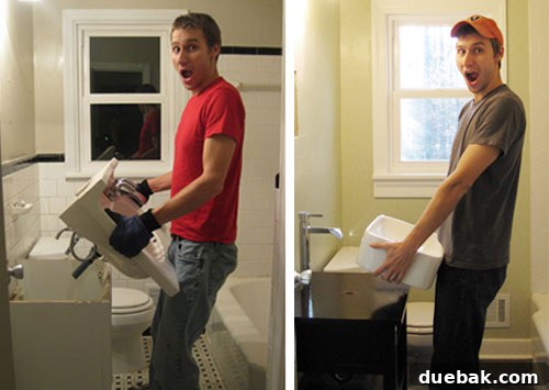 Happy DIYer after dry-fitting the sink and faucet