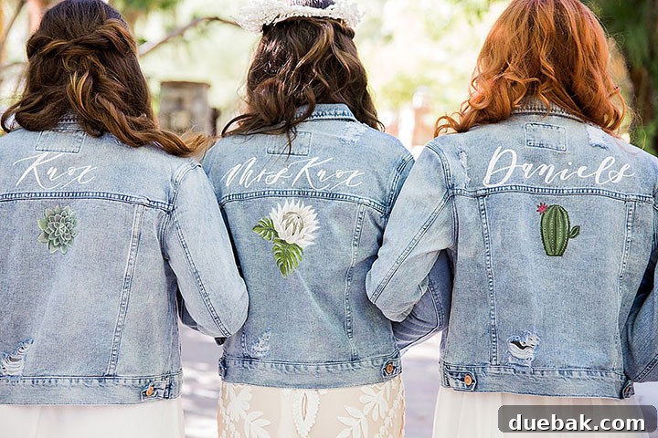 A bride wearing a personalized denim jacket with a floral frame design and 'Bride' text on the back, capturing a modern wedding trend.