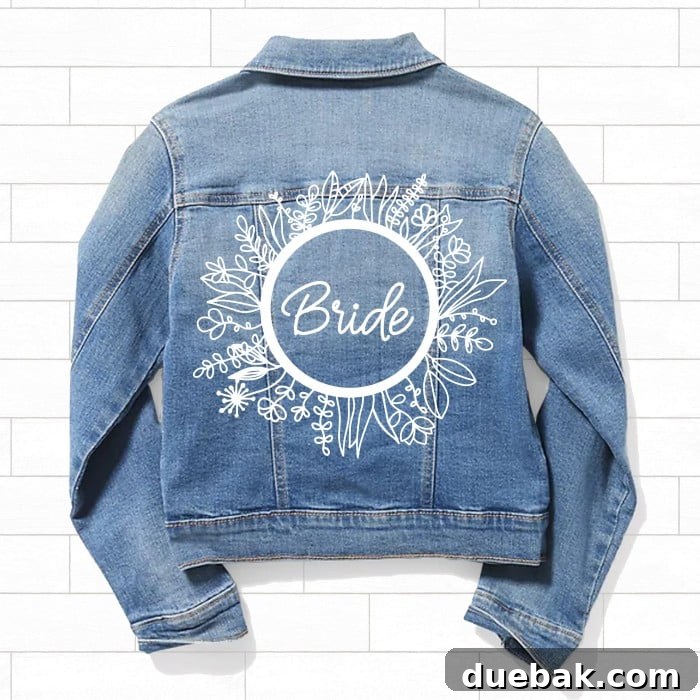 Detailed shot of a personalized bride jacket design, highlighting the intricate floral frame and custom text, perfect for wedding wear.