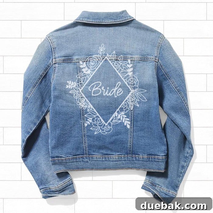 Two personalized bride denim jackets side-by-side, showcasing the versatility of the floral frame SVG for custom wedding fashion.