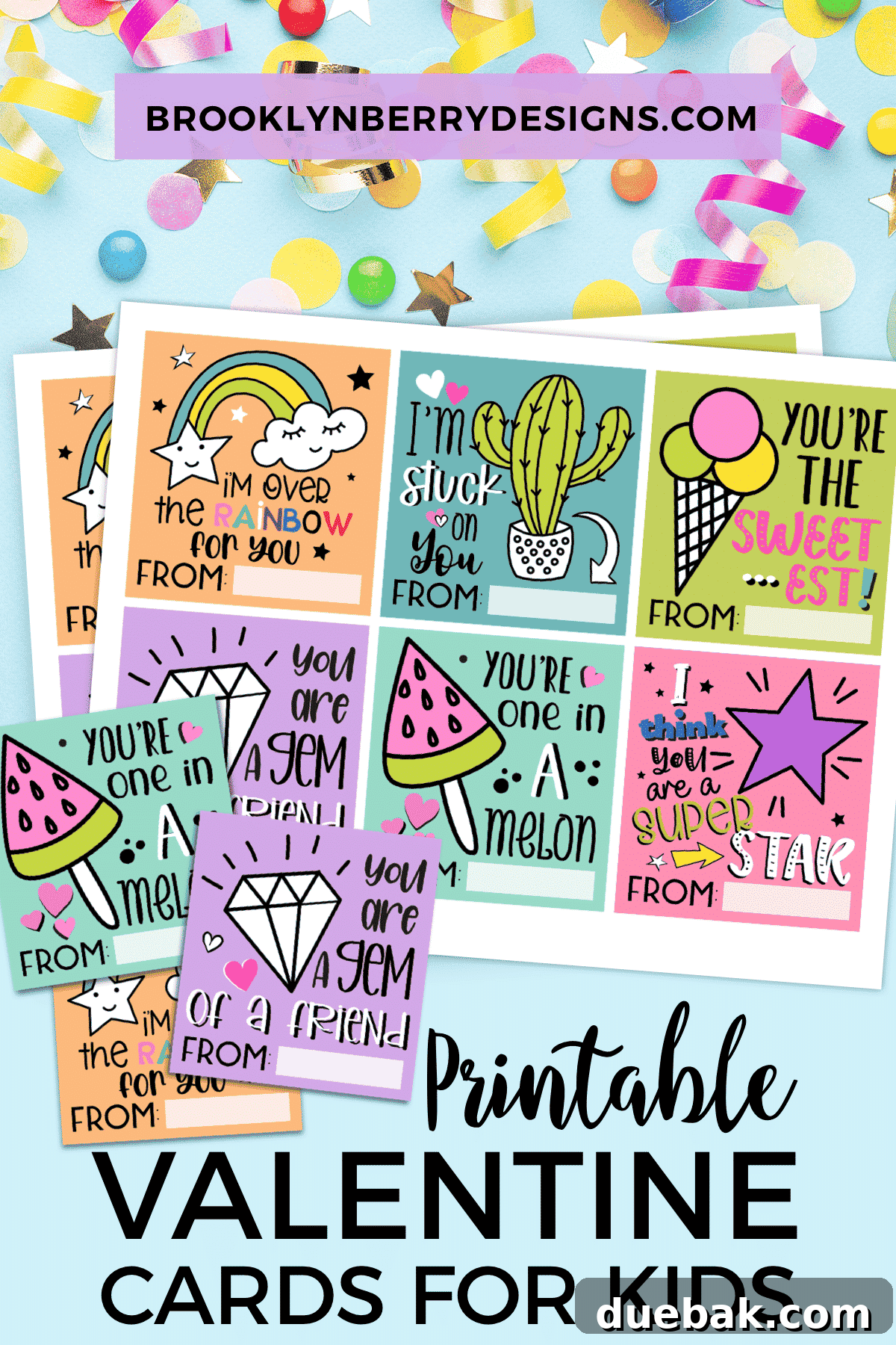 A vibrant collection of free printable Valentine's Day cards for kids, featuring colorful and playful designs like rainbows, stars, and fruit.