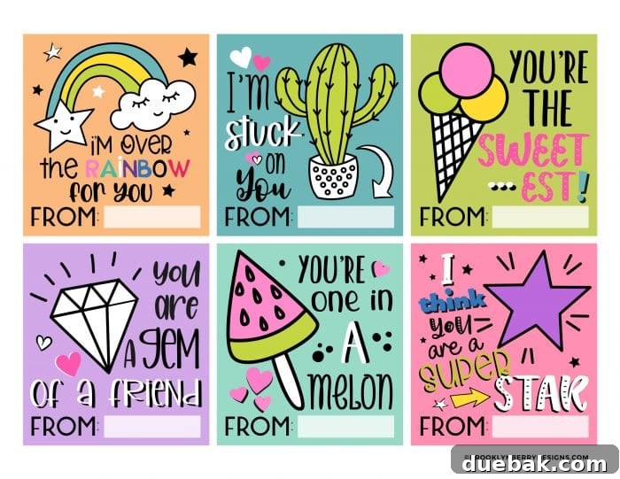 Close-up of several kid-friendly printable valentines, showcasing fun phrases like 'You Are a Gem' and 'Super Star'.