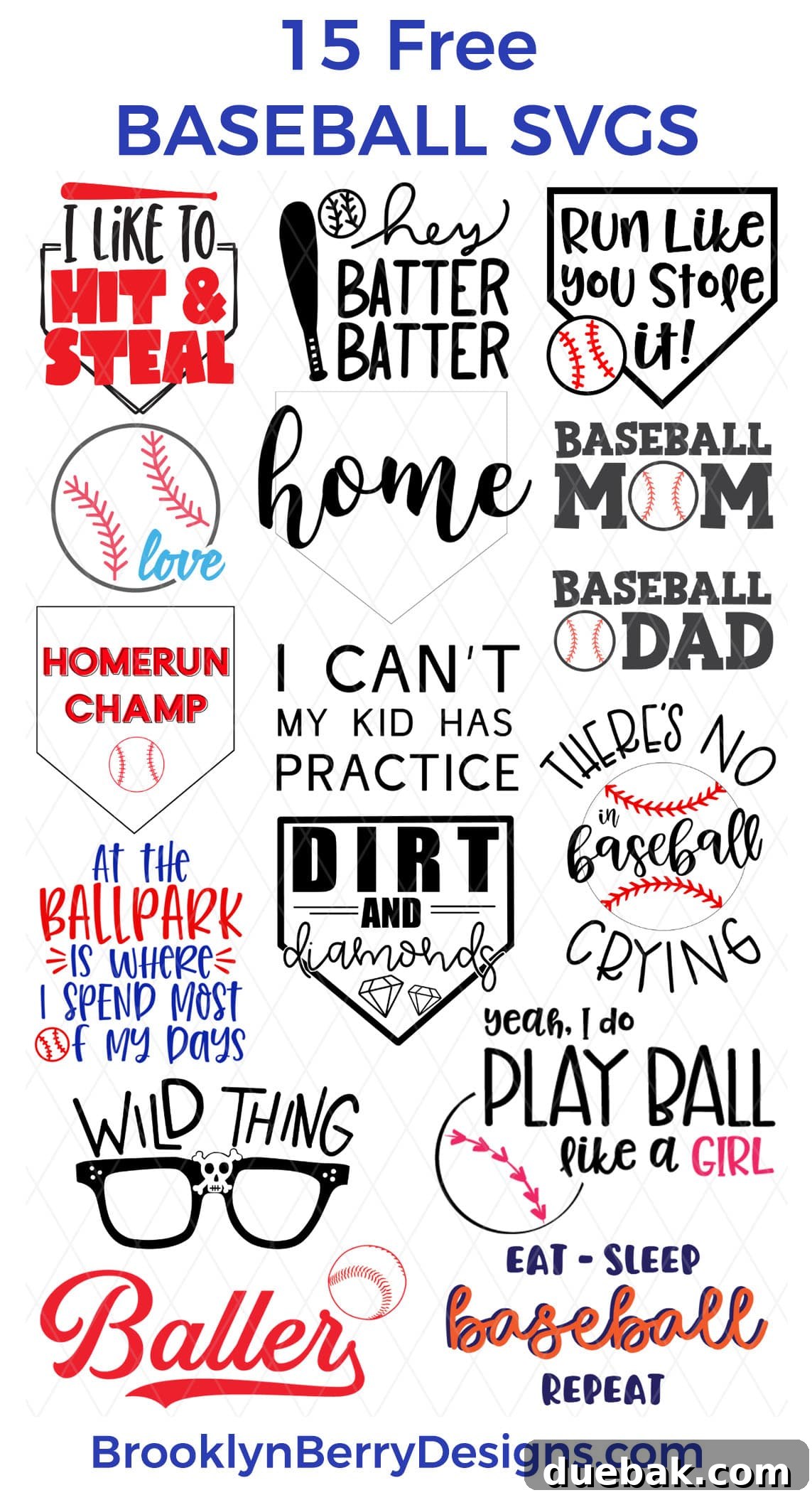 A collage of various free baseball SVG designs from different crafting bloggers, featuring phrases like 'Hey Batter Batter,' 'I'm a Baller,' and 'Dirt and Diamonds,' suitable for custom shirts and crafts.