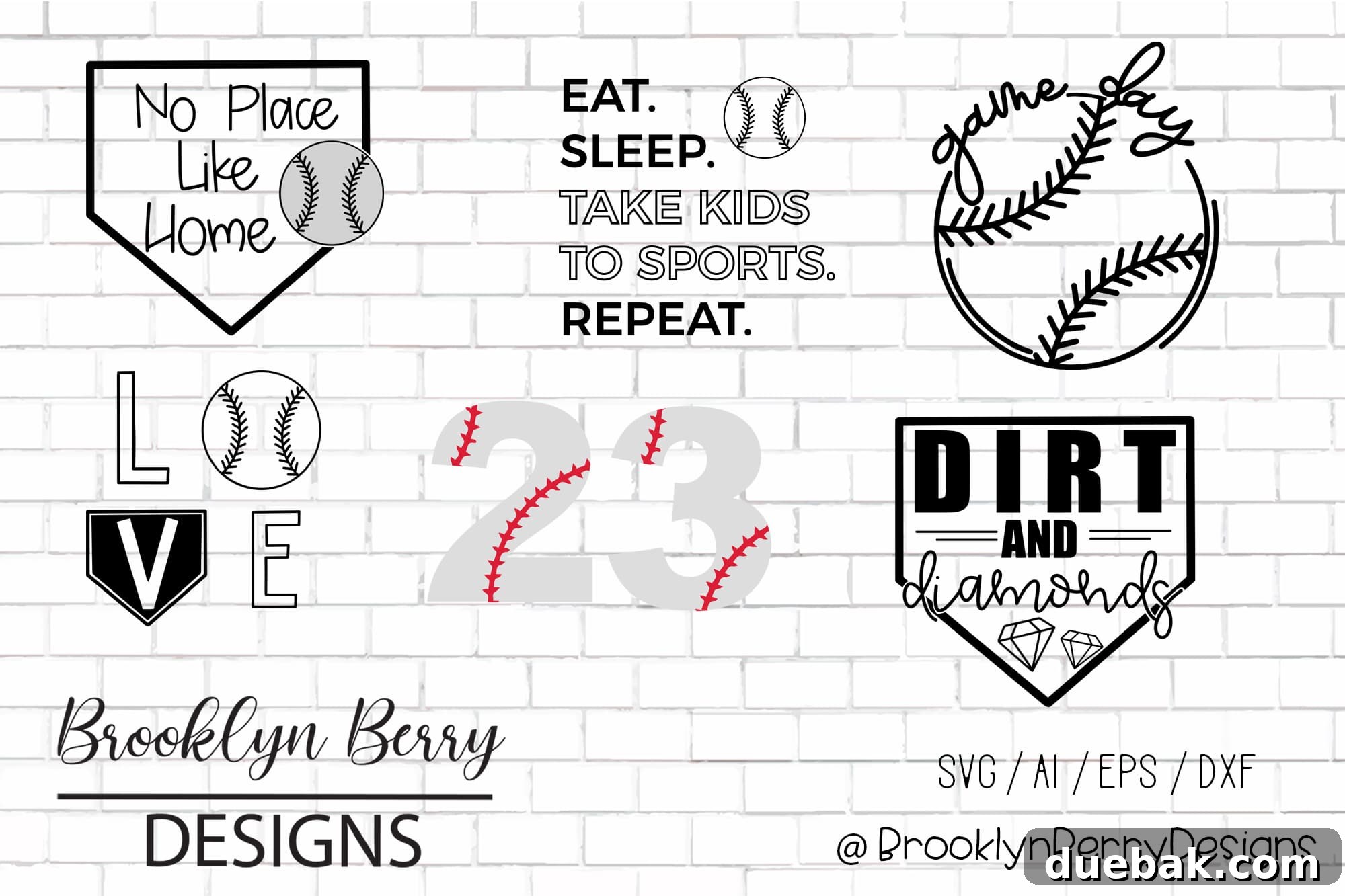 A comprehensive baseball SVG bundle featuring multiple designs for shirts, signs, and other crafts, available for purchase at Brooklyn Berry Designs' shop on Design Bundles.