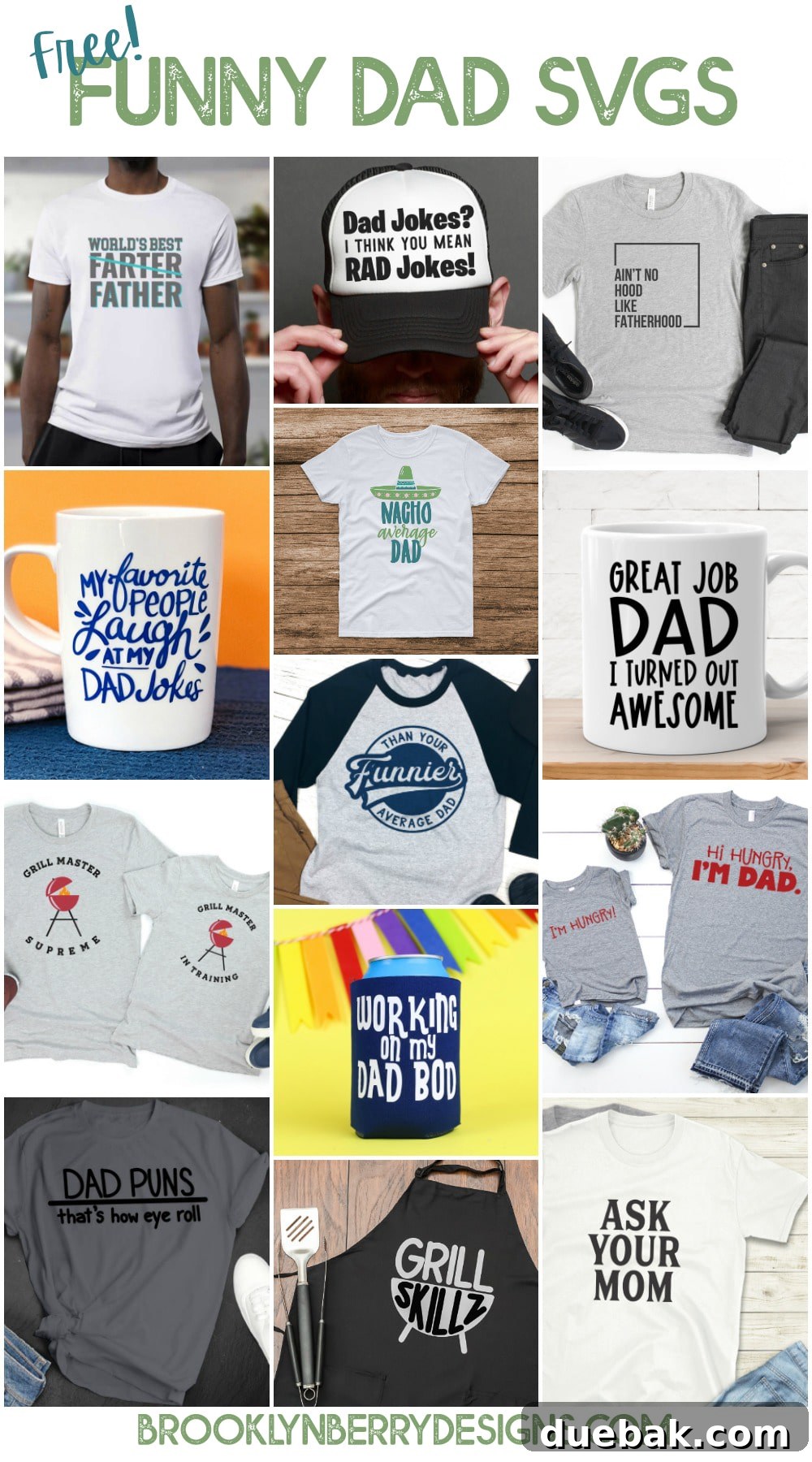 Display of various funny dad themed SVG files and craft ideas
