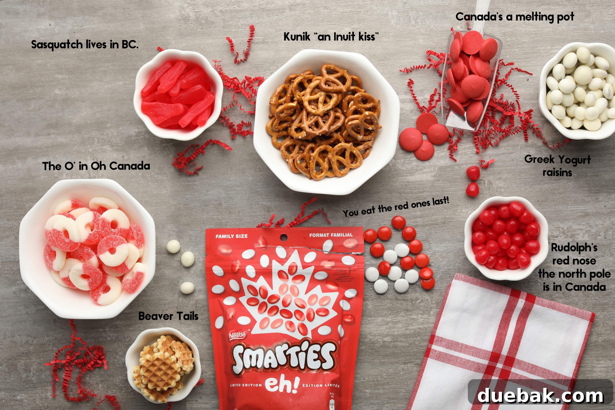 Close-up of Canada Day treat bags, showcasing the red and white Smarties and other trail mix ingredients