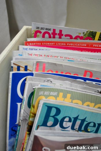 A charming scene featuring an inviting basket overflowing with colorful magazines and a neatly stacked pile of hardcover books, creating a cozy reading nook.