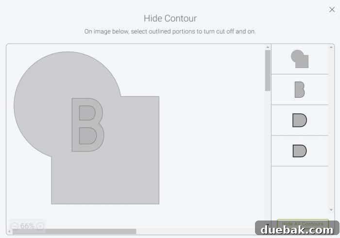 Cricut Design Space Contour tool window showing selectable cut paths