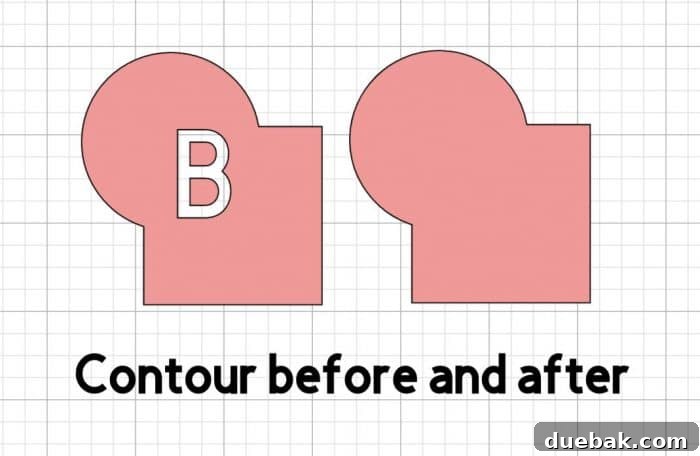 Contour tool applied, showing the letter B removed from the design