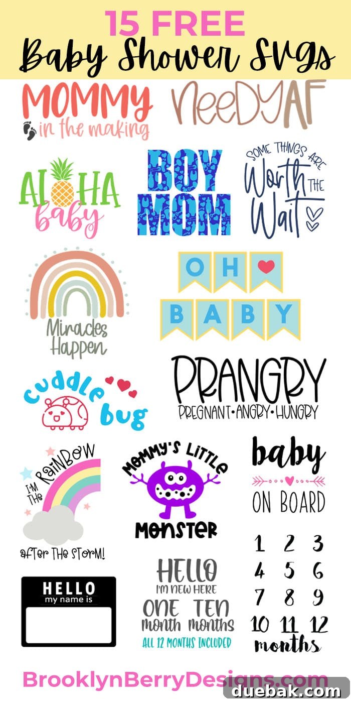 Collage of 15 free baby shower svg files including 'Miracles Happen'.