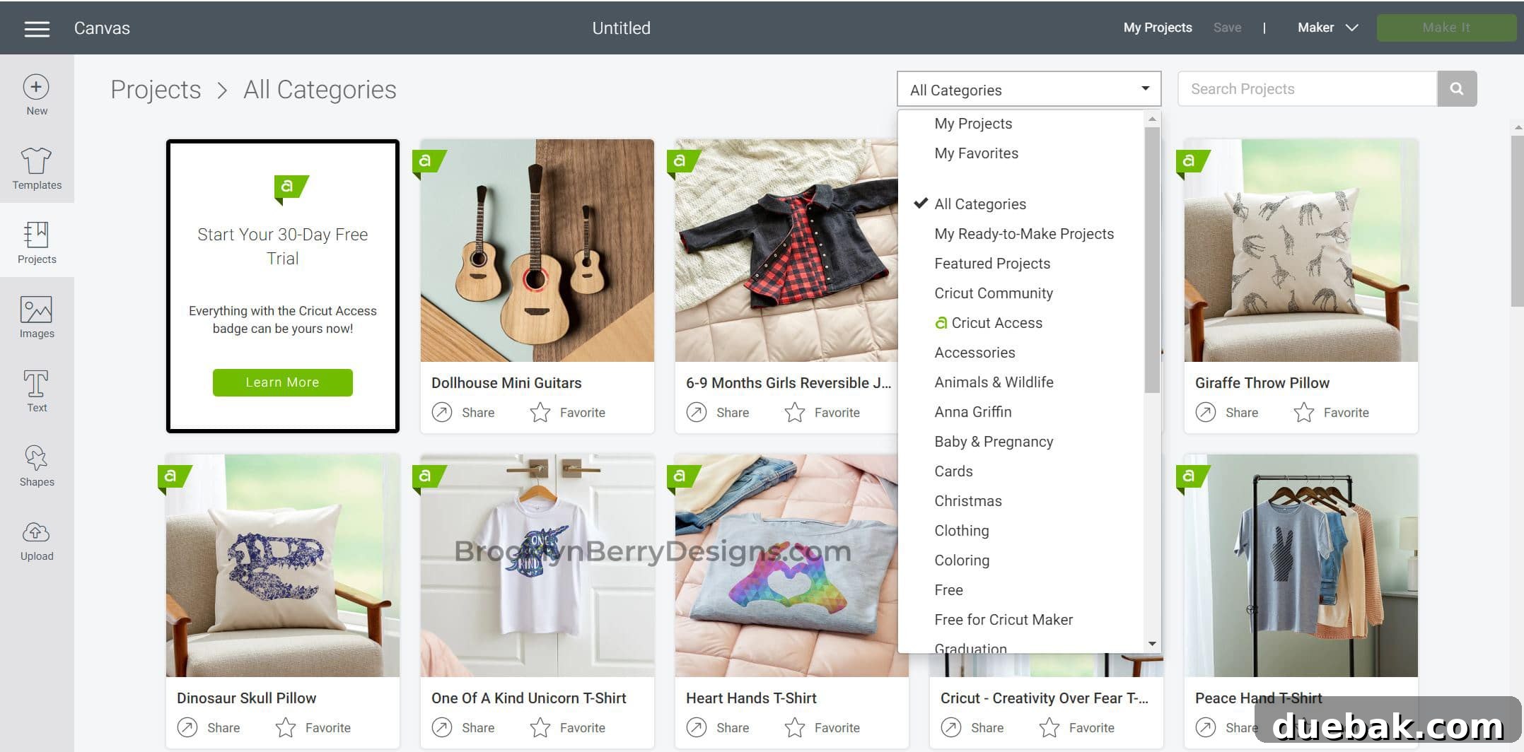 Cricut Design Space Jumpstart for New Makers 11 Filtering options for projects in Cricut Design Space, including categories like Infusible Ink and Sewing.