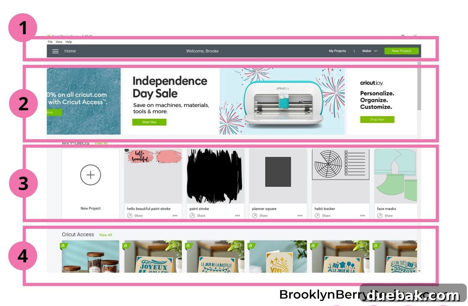 Cricut Design Space Jumpstart for New Makers 3 Detailed overview of the Cricut Design Space Home Page sections for new users.