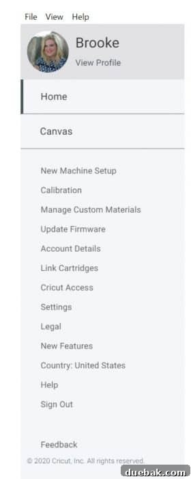 Cricut Design Space Jumpstart for New Makers 5 Cricut Design Space Hamburger Menu with options like New Machine Setup, Calibration, and Settings.