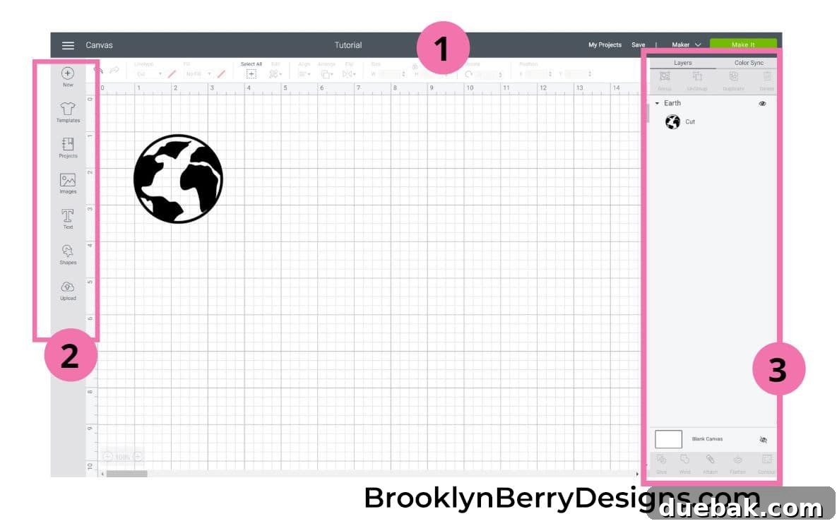 Cricut Design Space Jumpstart for New Makers 7 Overview of the Cricut Design Space Canvas with Header, Design Panel, and Layers Panel labeled.