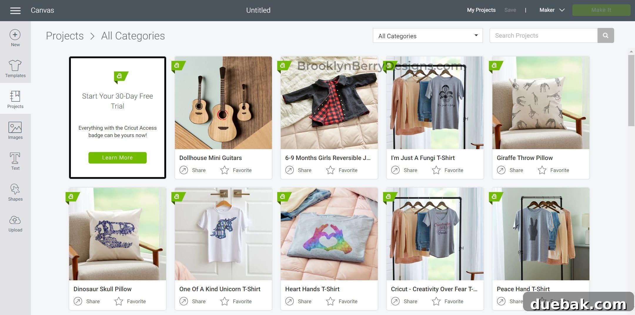 Cricut Design Space Jumpstart for New Makers 10 Cricut Design Space Projects feature for browsing ready-to-make designs.