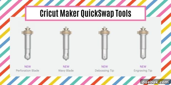 Cricut Maker FAQs Answered 3 Close-up of Cricut Maker QuickSwap Tools laid out, including engraving tip, debossing tip, and scoring wheel.