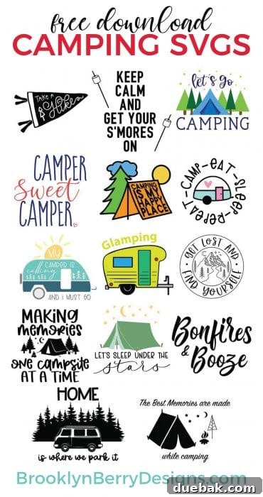 A collage of various free camping SVG designs, showcasing diverse themes and styles perfect for personalized camping projects. This image inspires creativity and highlights the wide range of available designs.