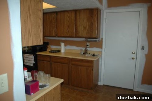 Before DIY kitchen door makeover, a plain metal door