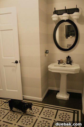 Subtle Stripes, Stenciled Style: Revamping Your Bathroom 5 A closer look at Roeshel's renovated bathroom, showcasing the new vanity mirror, updated faucets, and soft color palette.