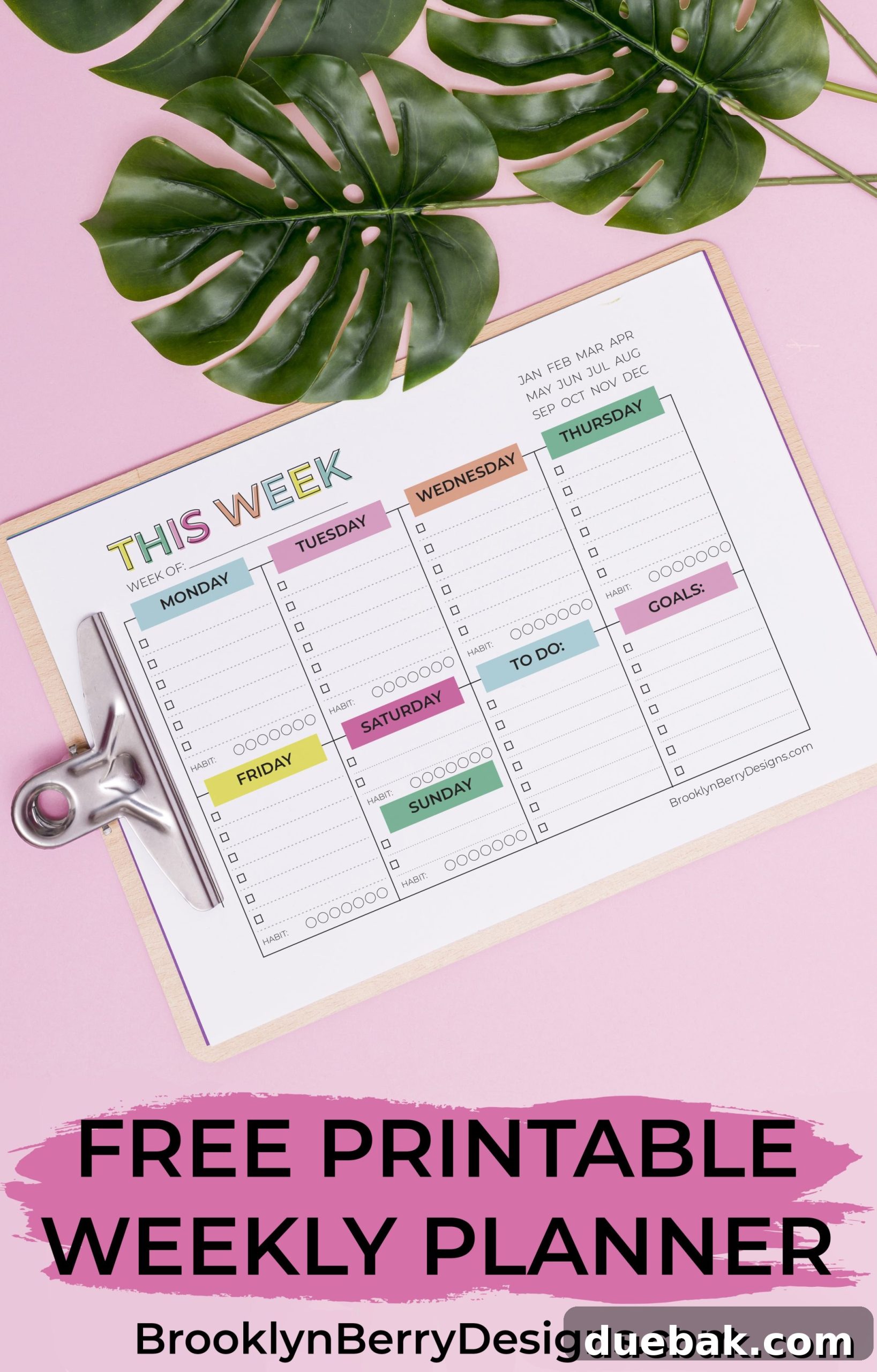 Close-up of the habit tracking and daily goal sections of the free printable planner.