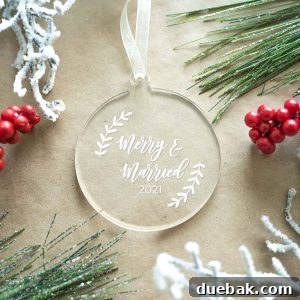 Clear acrylic ornament with laser engraved wedding date, 'Merry and Married'