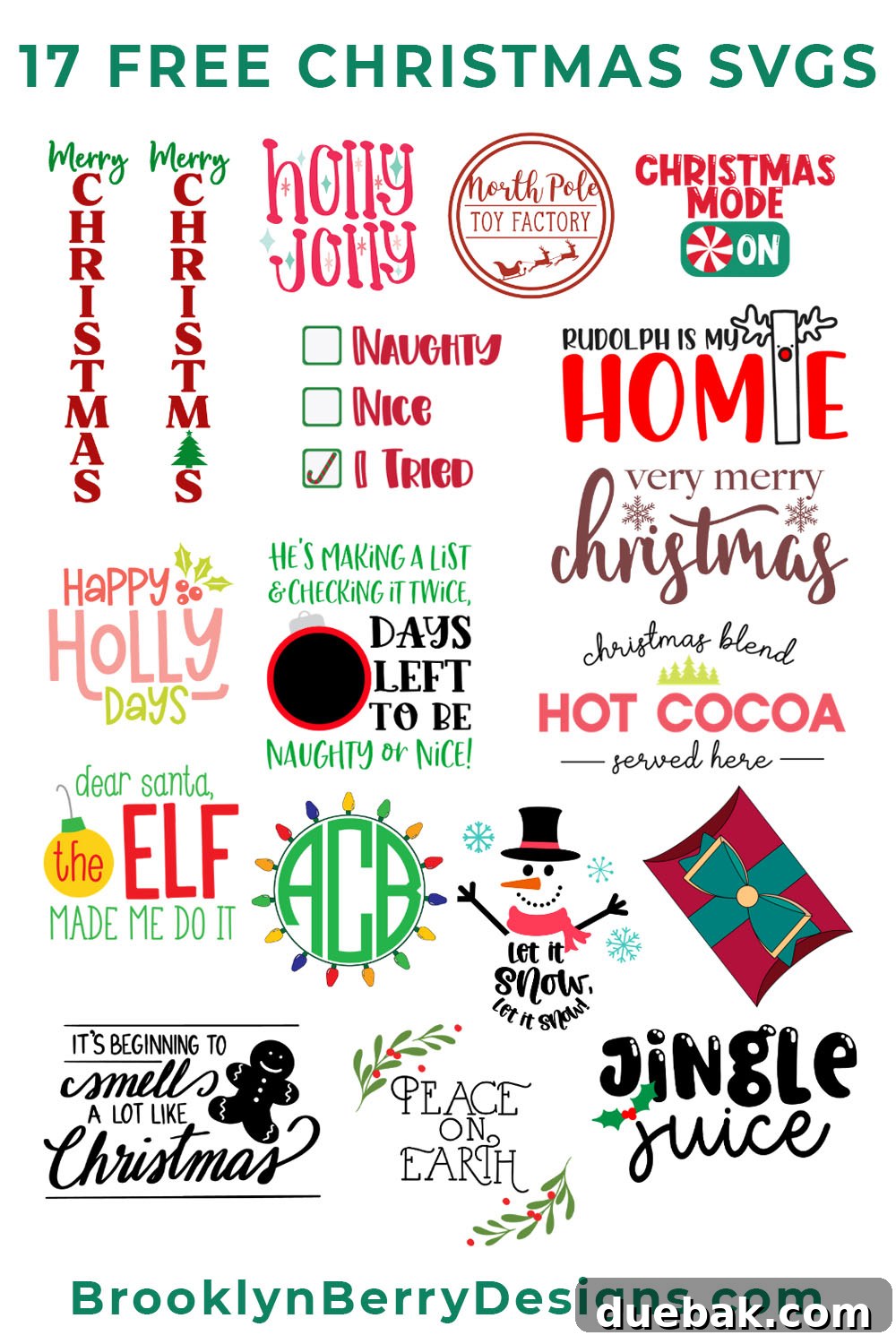 Collage of 17 free Christmas SVG designs from various craft bloggers