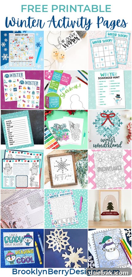 A collage of various winter-themed printable activity sheets, including word searches, coloring pages, and games, promoting engaging indoor fun.